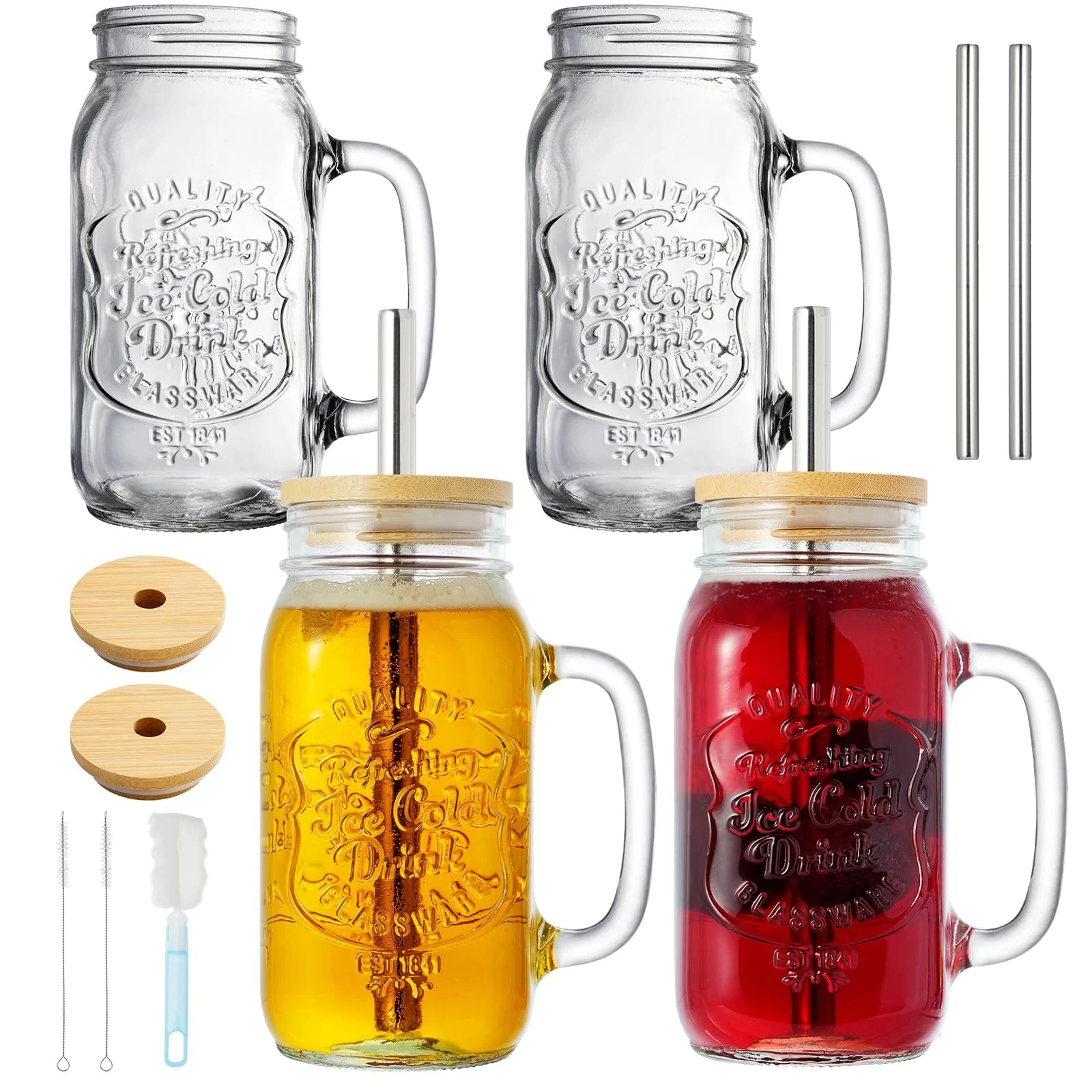 4 Pack 24oz Mason Drinking Jars with Lids and Straws, Iced Coffee Cup with Ha...