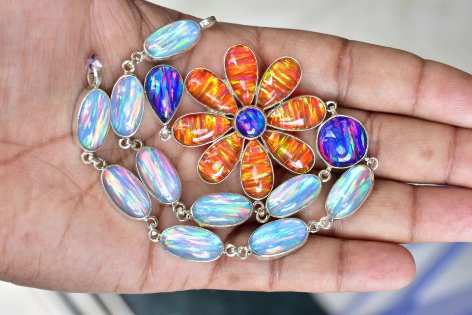 200 KT Laboratrio Fuoco Opale 925 Argento Sterling Collane Ciondolo Splendido Da - Immagine 4 di 4