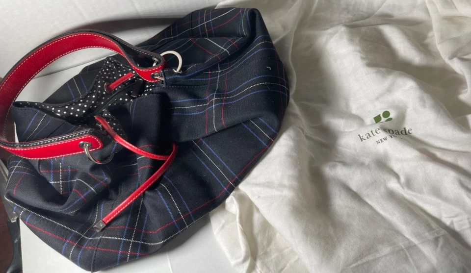 Vintage 2003 Kate Spade blue plaid drawstring purse w original dustbag - Image 3 of 4