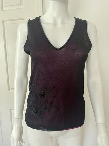 New Dana Buchman Merlot Tank /Sheer Black Overlay Beaded Neck & Flowers Sz S