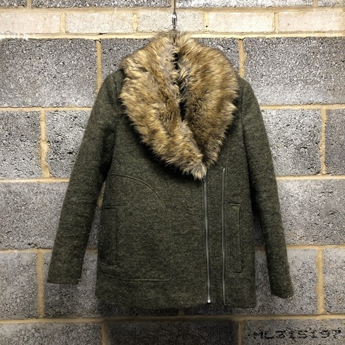 Chaqueta de vuelo Zara para mujer pequeña cuello de piel sintética mezcla de lana abrigo de aviador verde