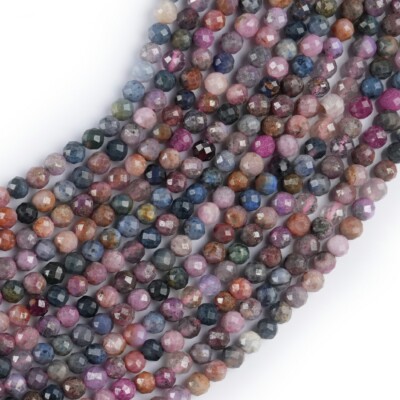 Natural Ruby Sapphire Gemstone Round Micro Faceted Beads String 15.5 Inches Long