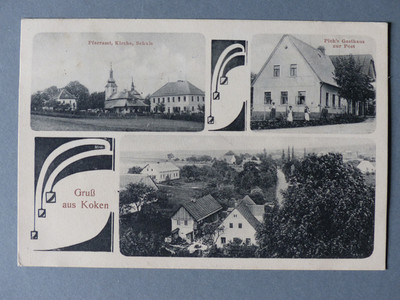 AK KOKOUTOV Koken Gasthaus, Kirche, Schule, Ansicht Gelaufen 