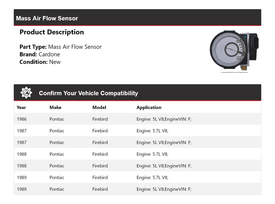 Датчик массового расхода воздуха Cardone для Pontiac Firebird 1986-1989 годов выпуска 1987 1988 годов выпуска - Изображение 2 из 4