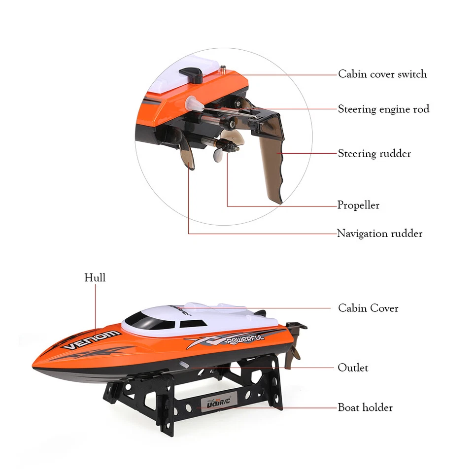 🚤UDI RC Boat 2.4G High Speed Remote Control Electric Boat Orange Power Venom - Image 3 of 4