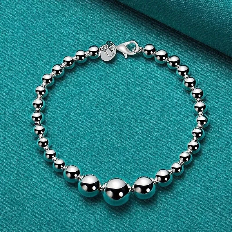 Smooth Bead Ball Chain Wedding 8''Bracelet Lobster Closure 14K White Gold Plated - Image 2 of 4