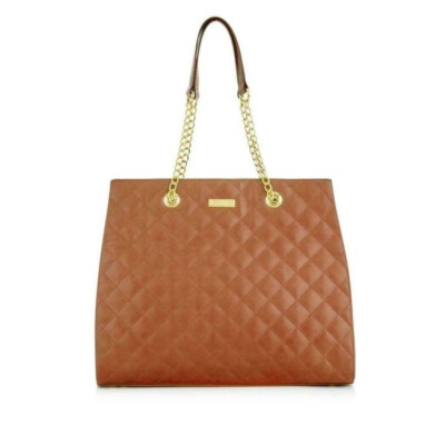 JOY & IMAN Diamond Quilted Genuine Leather Satchel with RFID, Cognac