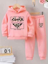 New Casual Warm Girl's Print Warm Lining Hoodie and Sweatpants Set
