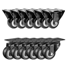 12 Pack Combo 2" Inch All Black PU Caster Wheels (6 No Brake & 6 Rigid Fixed)