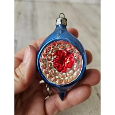 Vintage indent blue mini teardrop reflector ornament glass mercury blue red Xmas