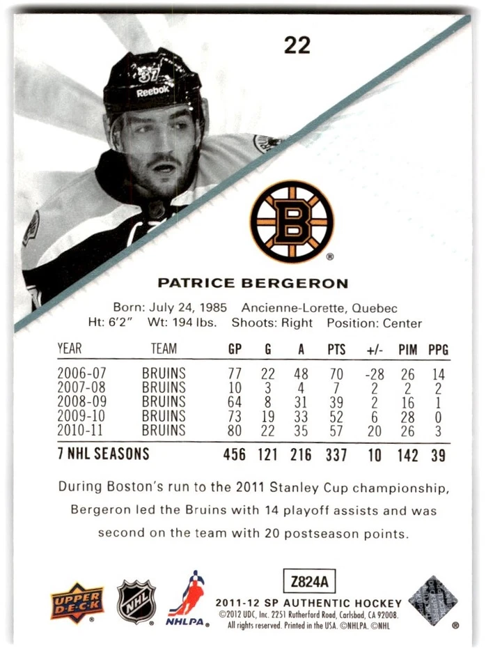 2011-12 SP Authentic Patrice Bergeron #22 Boston Bruins - Image 2 of 2