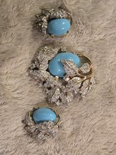 1950S JOMAZ JOSEPH MAZER RHINESTONE FAUX TURQUOISE CABOCHON LEAF BROOCH EARRINGS