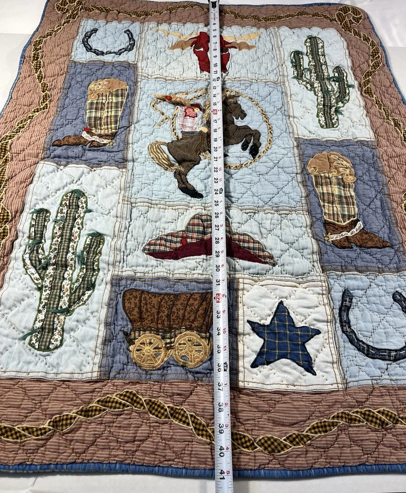 VTG Patch Magic Western Cotton Baby Quilt Throw Rodeo Cowboy Cactus Horse 33X41 - Image 2 of 4