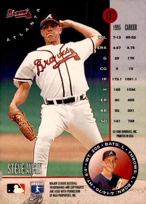 #137 Steve Avery 1996 Leaf Press Proofs Silver Near Mint or Better - Image 2 of 2