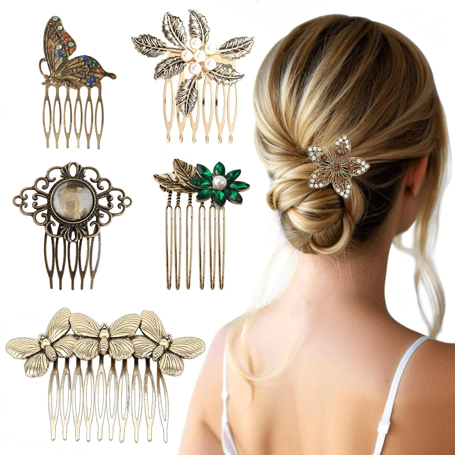 6 Pack Vintage Gold Hair Side Combs for Women Decorative,Butterfly Flower Leaf