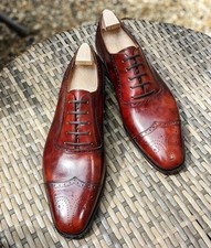 Handmade Men's Brown Color Leather Oxford Wingtip Brogue Lace Up Dress Shoes Men