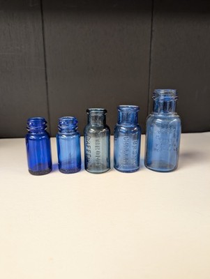Set Of 5 Vintage Colbolt Blue Bottles Bromo Seltzer Caffeine 