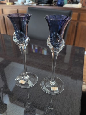 Rhapsody Silhouette Blue Crystal Champagne Flutes   Set of 2  Poland Fine Glass