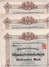 Zestaw 3 Czeska Kolej Północna-Ges., Praga 1882, SV 300 marek, 3 różne winy