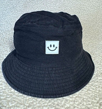 Black Solid Bucket Hat with Smiley Face Patch...