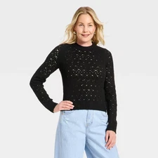 Women's Lace Crewneck Pullover Sweater - Universal Thread Black M
