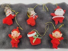 Vintage Flocked 6 Mini Ornaments Dancing Santa 2 Angels 2 Elves + Boot *Read