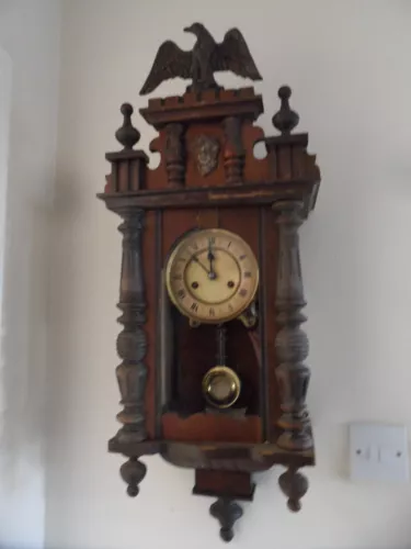 Antique German HAC Wooden Cased Vienna Wall Clock With Key Working