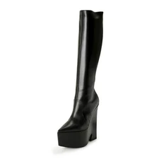 Versace Women's Black Leather High Heel Platform Boots Shoes