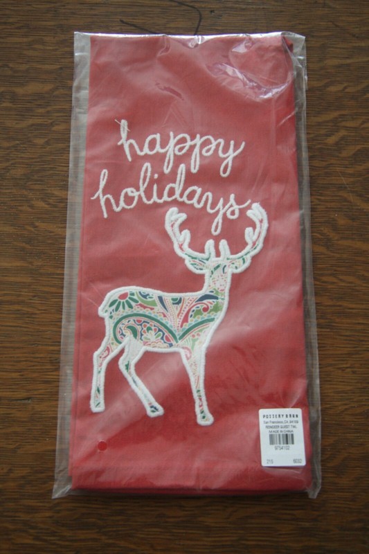 Pottery Barn Deer - Holiday Reindeer Red Embroidered Hand Towel-Brand NEW W/Tags