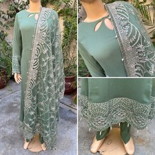 Pakistani Sage Green Long Style Embroidered Sequins fancy Chiffon Dress,L