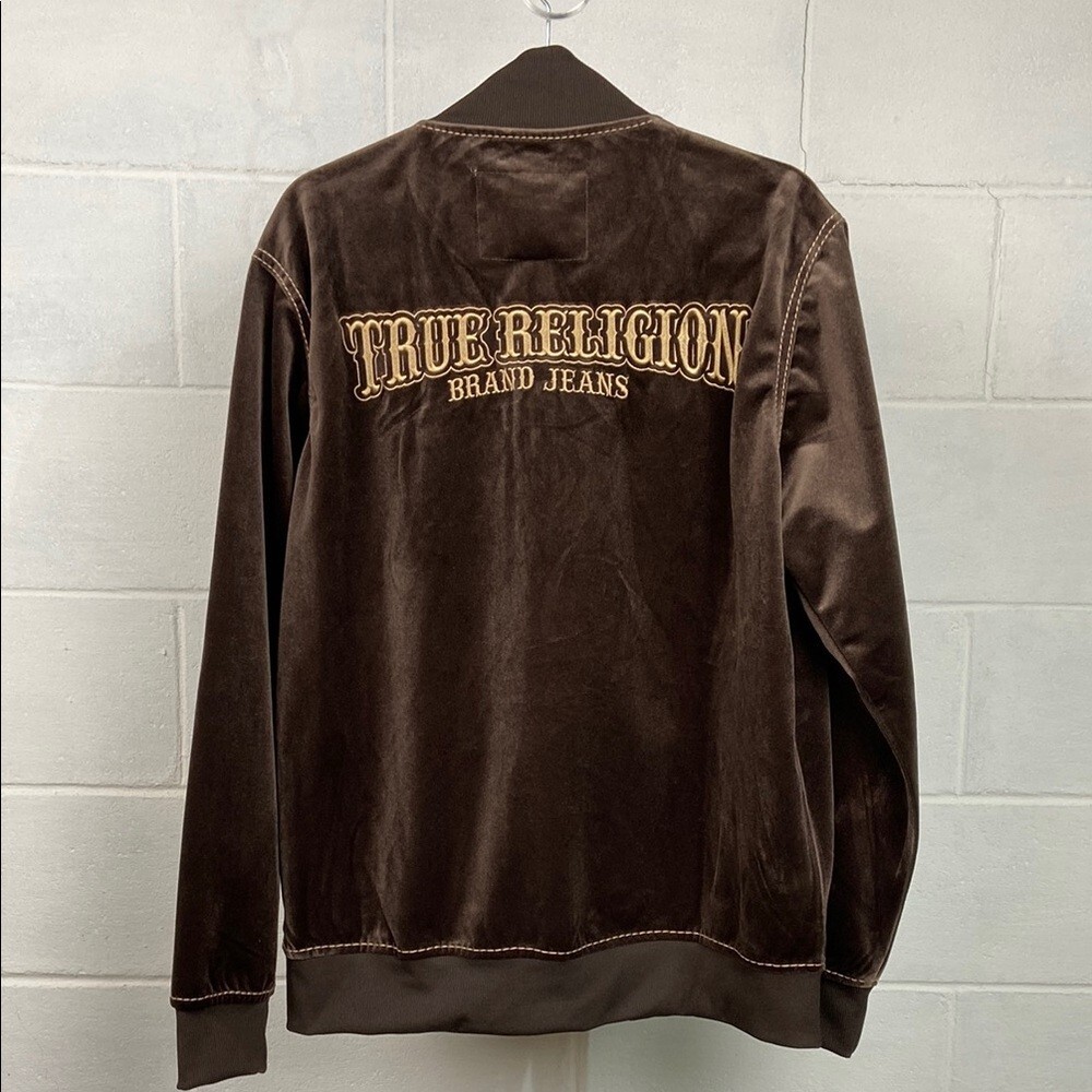 NWT TRUE RELIGION MEN’S BIG T VELVET MOCK NECK ZIP UP JACKET BRACKEN/GOLD thumbnail 2