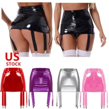 Women Patent Leather Underwear Suspender Belt Miniskirt Six Straps Metal Clip