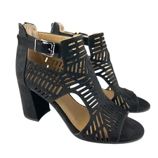 Franco Sarto Women's Maggie Sandals Size 6.5M Black Block Heel Cut Out Peep Toe