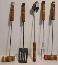 Vintage 5pc BBQ UTENSIL SET Japan WOOD CARVED MCM GRILLING Cookout Camping Tools