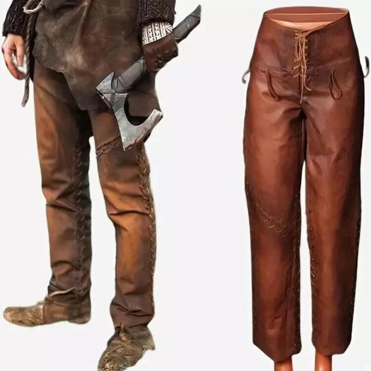 Pantalones de cuero vikingo para hombre Medieval LARP Renacimiento Disfraz Guerrero Pantalones