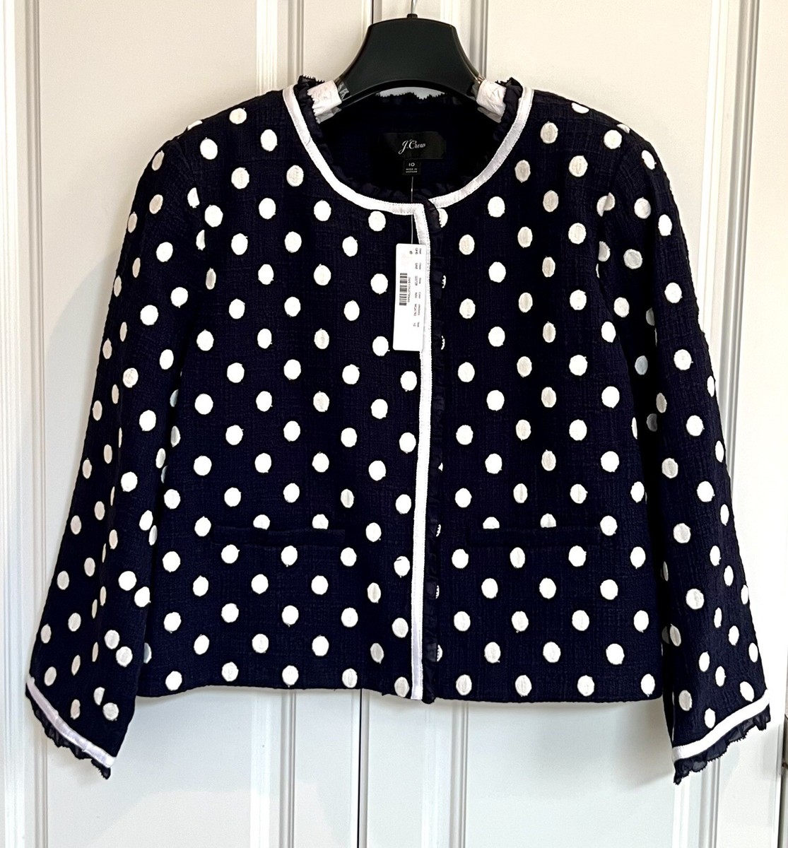NWT J Crew size 10 navy ivory polka dot textured cotton