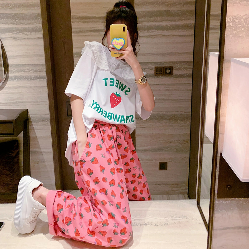 パンツ Strawberry Wide-Leg Casual Washed Fancy Patns Strawberry Fields Wide Leg Trousers For Daily Casual Vacation