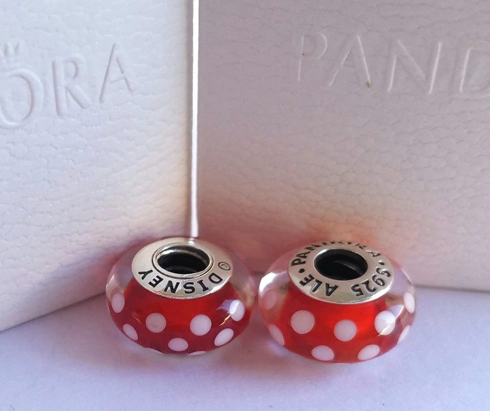 Juego De 2 Nuevos Pandora Auténticos Disney Minnie Mouse Lunares Murano Dijes Foto 3 de 4