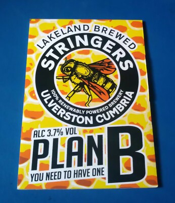 STRINGERS BREWERY PLAN B ALE BEER PUMP HANDLE CLIP BADGE 3.7 % ABV ULVERSTON PB 
