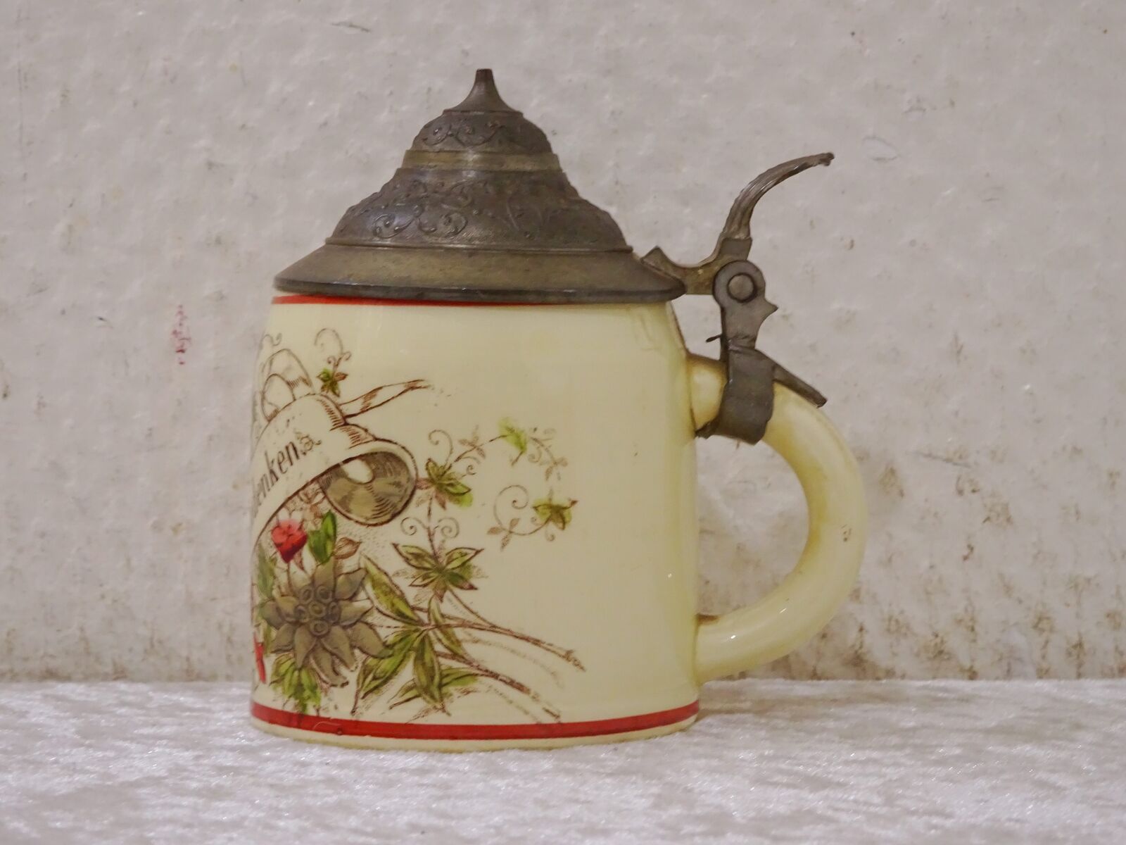Antiker Keramik Design Andenken Bierkrug Zinndeckel Vintage um 1900 - 1/8 Liter