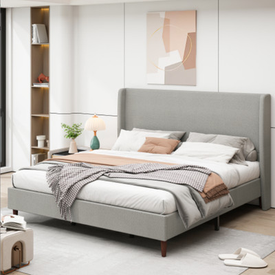 High Headboard Upholstered Bed, King Size Bed Frame,Gray