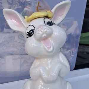 Ceramic Rabbit Planter Figurine, Glossy White Pink Yellow, Kids, Plants