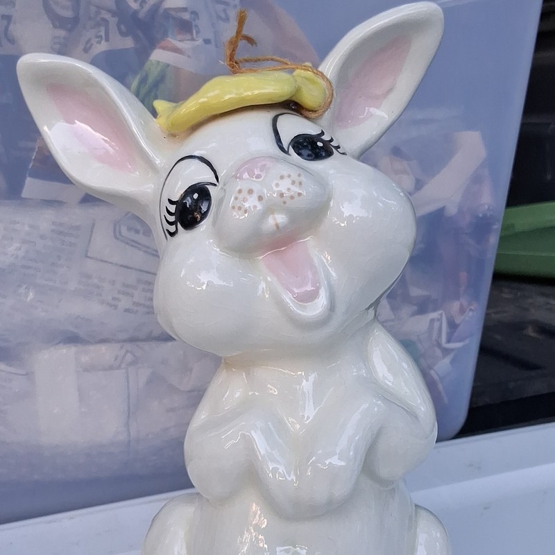 Ceramic Rabbit Planter Figurine, Glossy White Pink Yellow, Kids, Plants