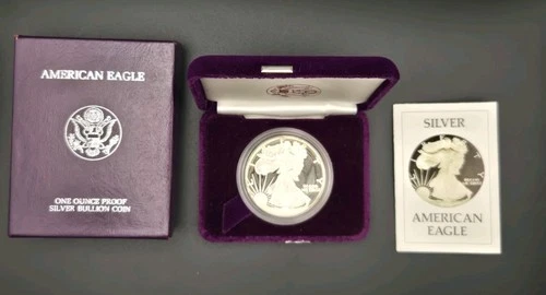 1986-S American Silver Eagle Proof 1 oz .999 Silver Dollar – Box & COA.