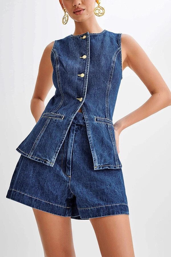 Chaleco largo índigo denim cuello redondo bolsillos botones dorados