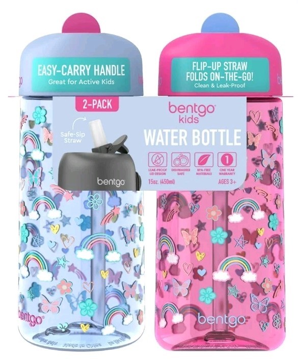 Bentgo Kids No-Spill Water Bottle 2-Pack Safety Straw BPA Fr