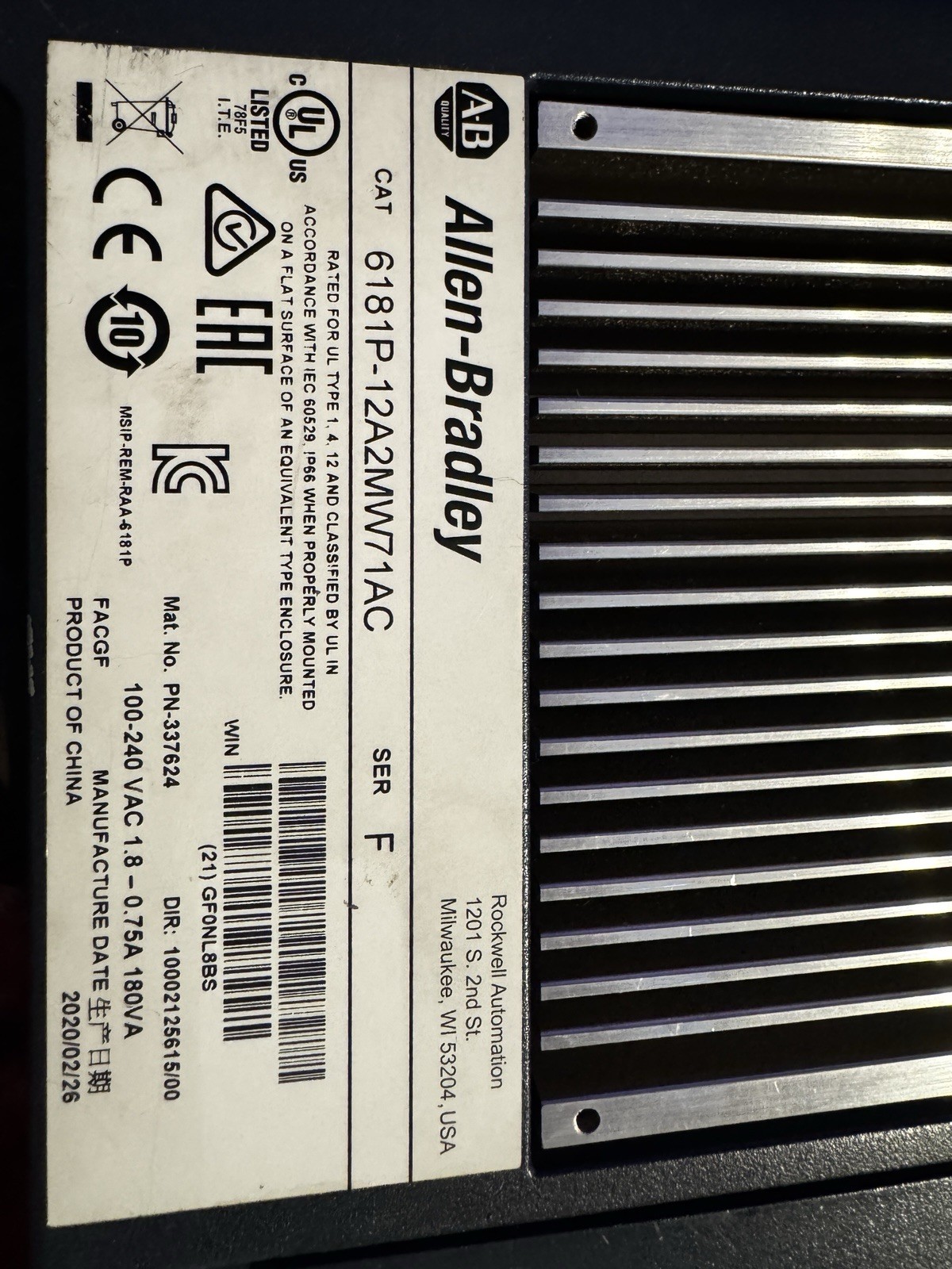 Allen Bradley 6181P-12A2MW71AC /F 12.1" Integrated Touch Screen Display Computer