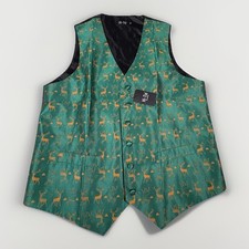 HI-TIE Mens Collection Formal Vest Green Reindeer Christmas Holiday Sz M A3