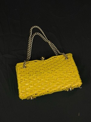 Vintage 1950s Marcus Brothers Yellow Faux Wicker Handbag Purse Chain Handle Kiss