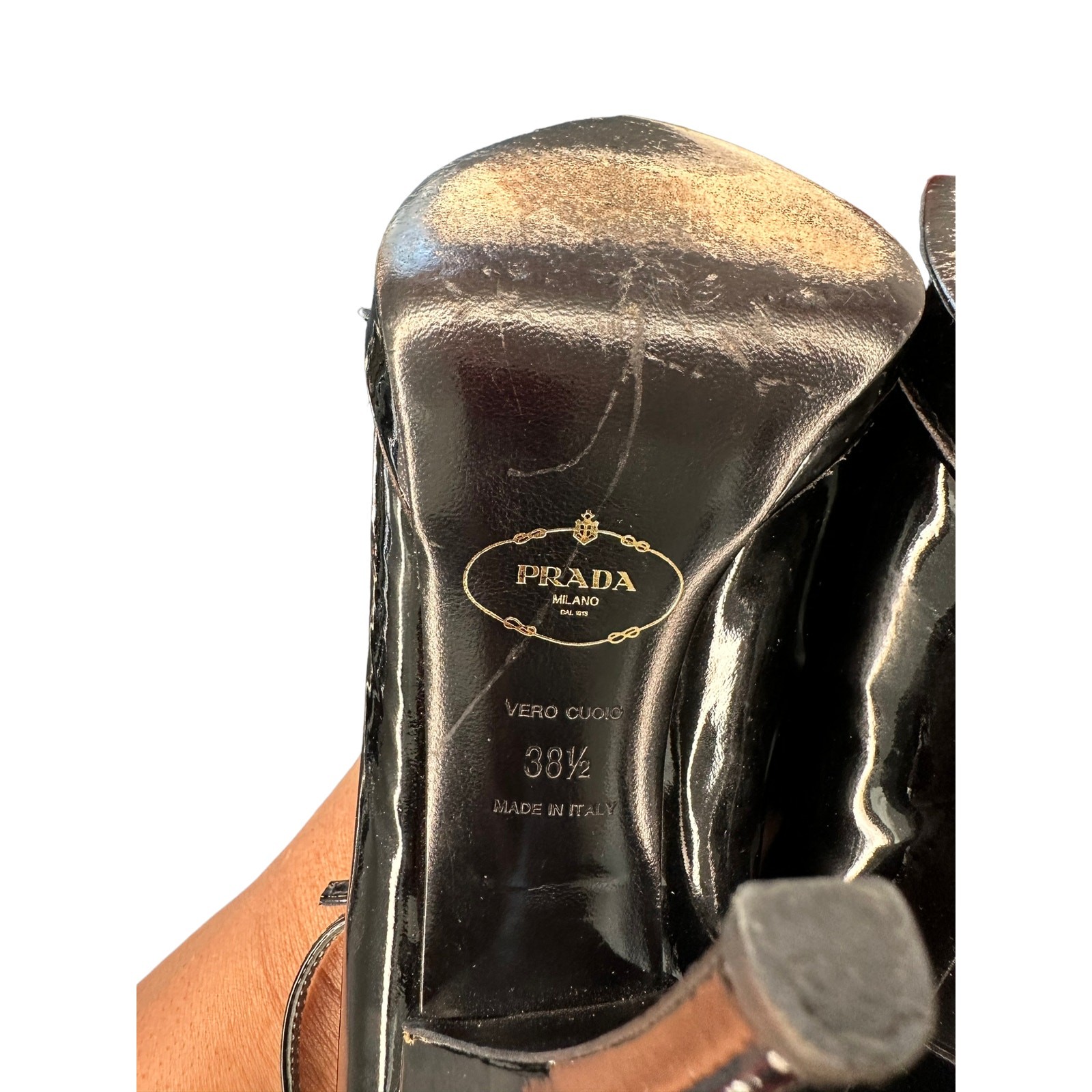 Prada Heels Black Ankle Strap Day to Night Patent Leather Pointed Toe Size 8 1/2 thumbnail 13